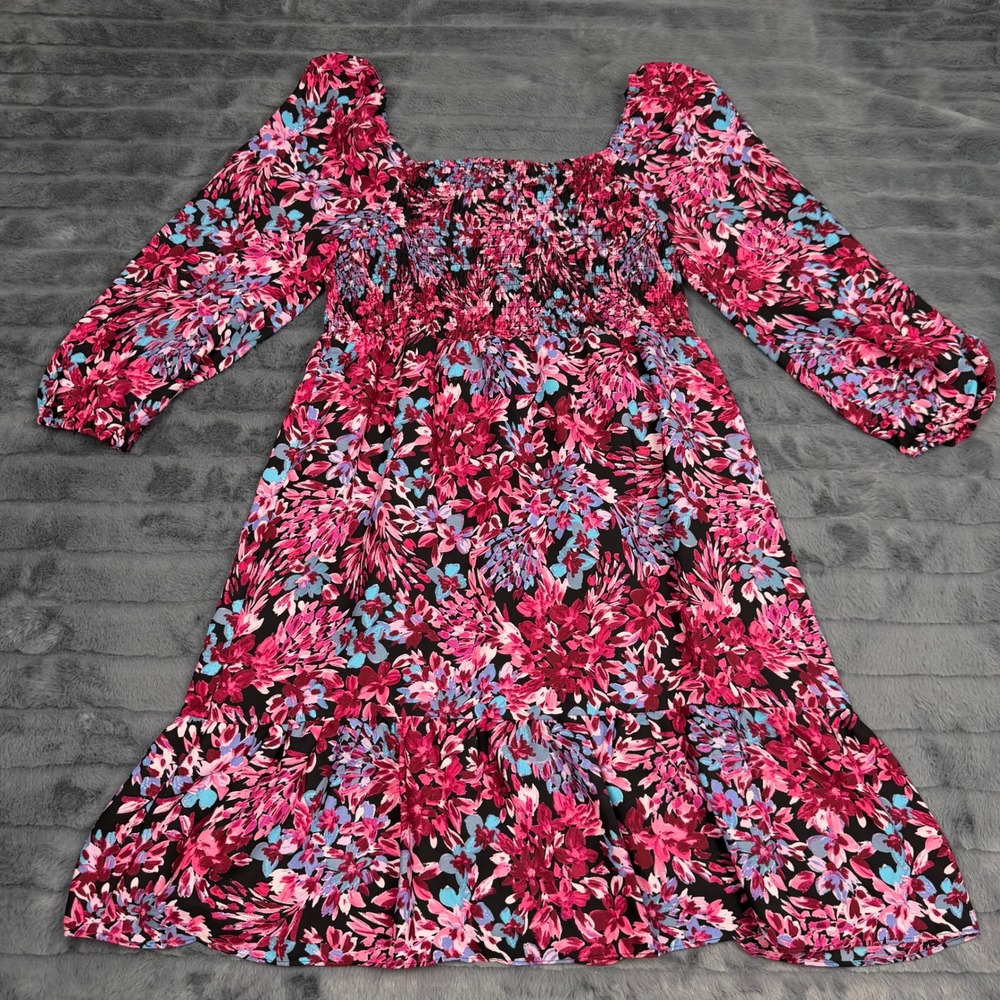 Nanette Lepore Pink Blue Floral Smocked Square Neck Ruffle Mini Dress Size 8